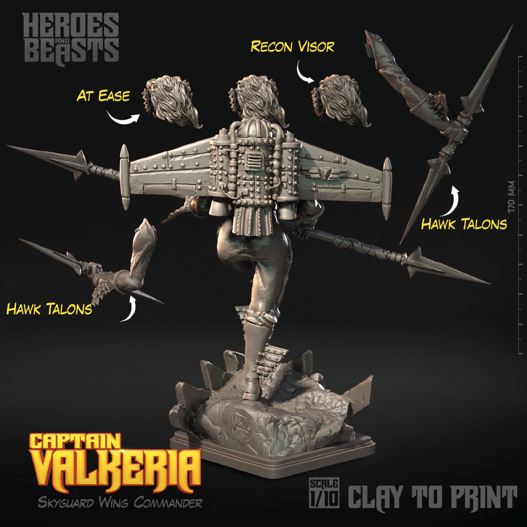 Unpainted 1/10 scale clay figurine of Captain Valkeria, a Skyguard Wing Commander from Heroes Beasts. The figure is shown from behind with its wings spread, holding large hawk talons, on a dark textured base.