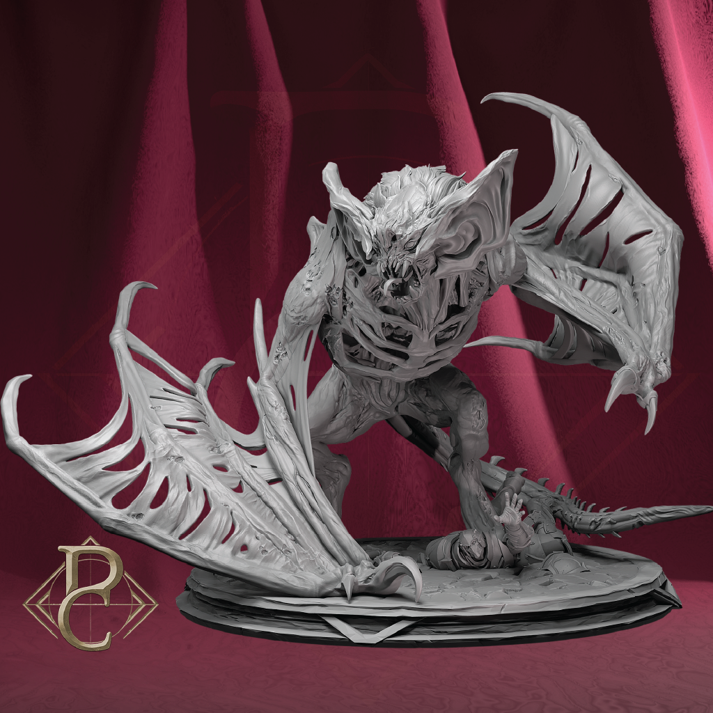A detailed 3D-rendered or sculpted fantasy creature figurine in light gray, shown against a draped burgundy backdrop. The creature has bat-like wings, a skeletal or bone-textured body, sharp horns, and a twisted base.