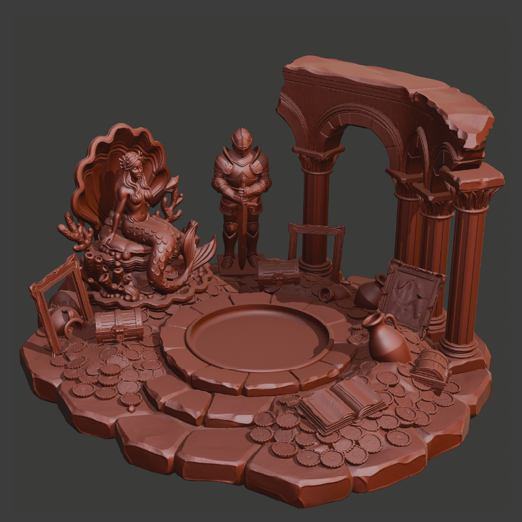A 3D-rendered brown fantasy scene with a mermaid shell, armored figure, ruined archway, pedestal, coins, books, and small decorative objects on a dark gray background.