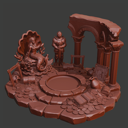 A 3D-rendered brown fantasy scene with a mermaid shell, armored figure, ruined archway, pedestal, coins, books, and small decorative objects on a dark gray background.