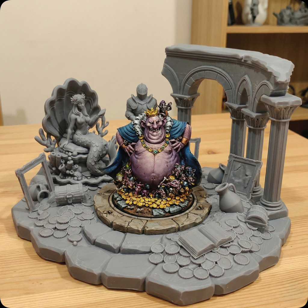 A painted fantasy tabletop miniature display featuring a central purple-skinned goblin-like figure with a gold crown and blue cape, surrounded by gray ruins, a mermaid shell sculpture, and treasure details, photographed on a wooden tabletop.
