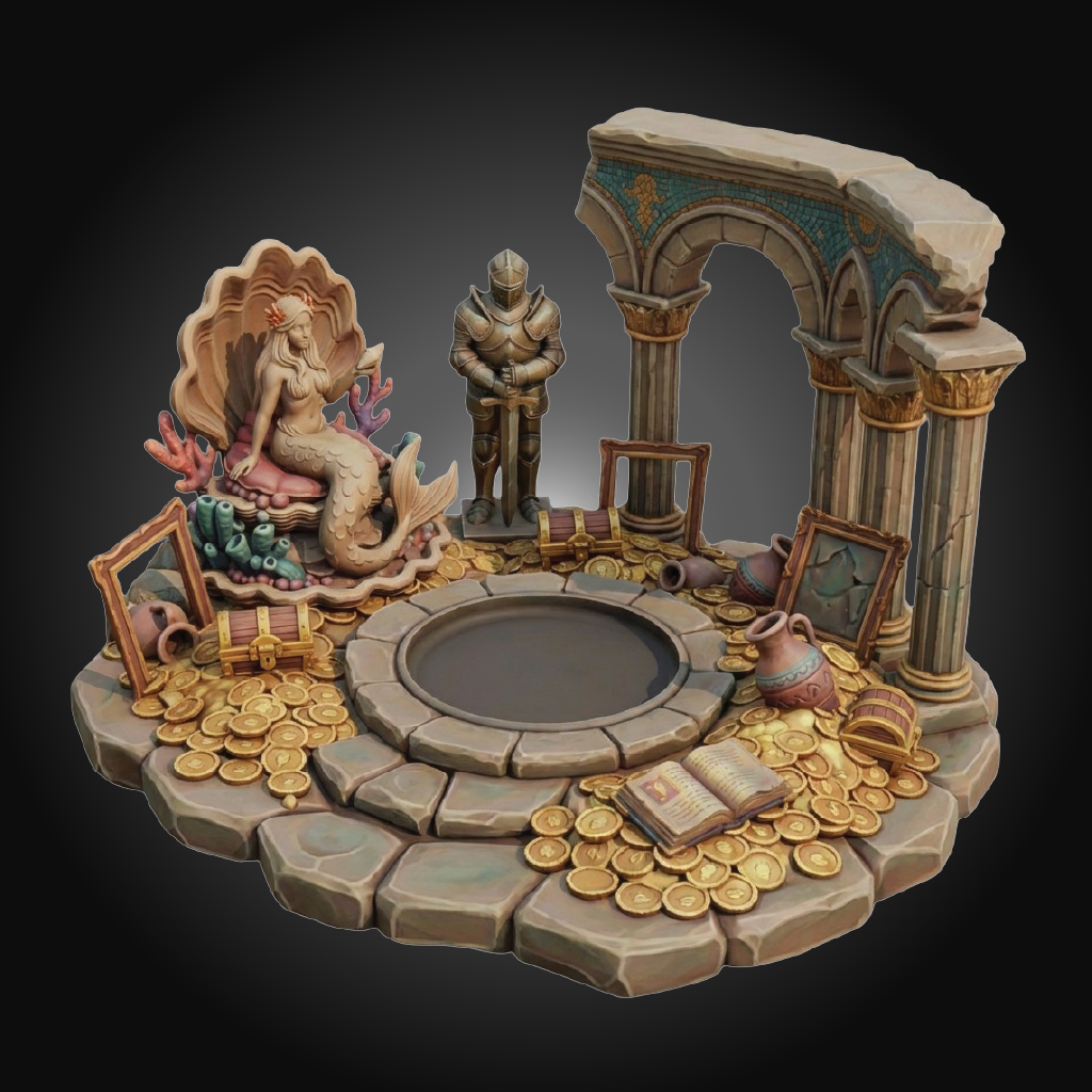 A detailed fantasy miniature diorama set featuring a mermaid in a shell, a knight, an archway, a stone pool, and scattered gold coins on a dark gradient background.