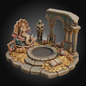 A detailed fantasy miniature diorama set featuring a mermaid in a shell, a knight, an archway, a stone pool, and scattered gold coins on a dark gradient background.