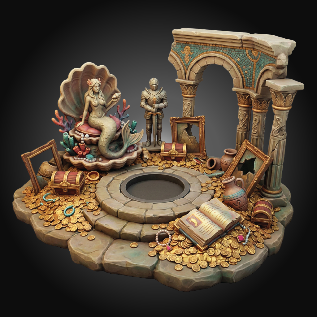 A detailed fantasy treasure-themed miniature diorama featuring a mermaid seated in a shell, a knight figure, an ornate archway, scattered gold coins, treasure chests, framed art, and an open book on a stone platform, set against a dark gradient background.