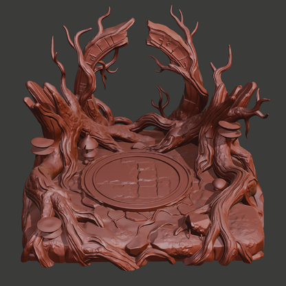 A 3D-rendered fantasy decorative object resembling twisted tree roots and branches surrounding a circular stone-like center, shown on a dark gray background.