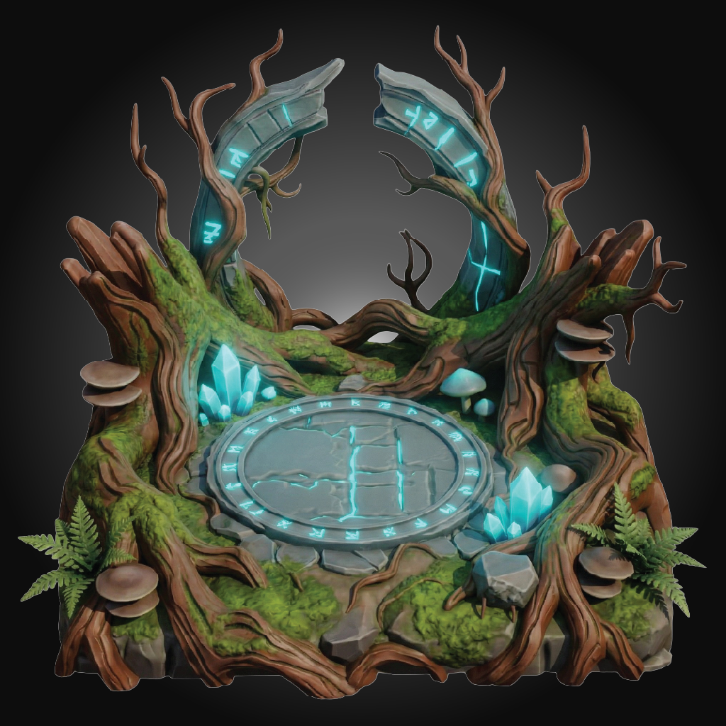 Fantasy forest-themed decorative structure with gnarled tree roots, bright blue glowing runes, crystals, mushrooms, ferns, and a circular stone altar on a dark gradient background.
