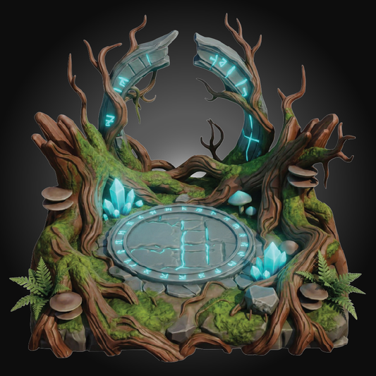 Fantasy forest-themed decorative structure with gnarled tree roots, bright blue glowing runes, crystals, mushrooms, ferns, and a circular stone altar on a dark gradient background.