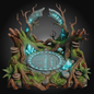 Fantasy forest-themed decorative structure with gnarled tree roots, bright blue glowing runes, crystals, mushrooms, ferns, and a circular stone altar on a dark gradient background.