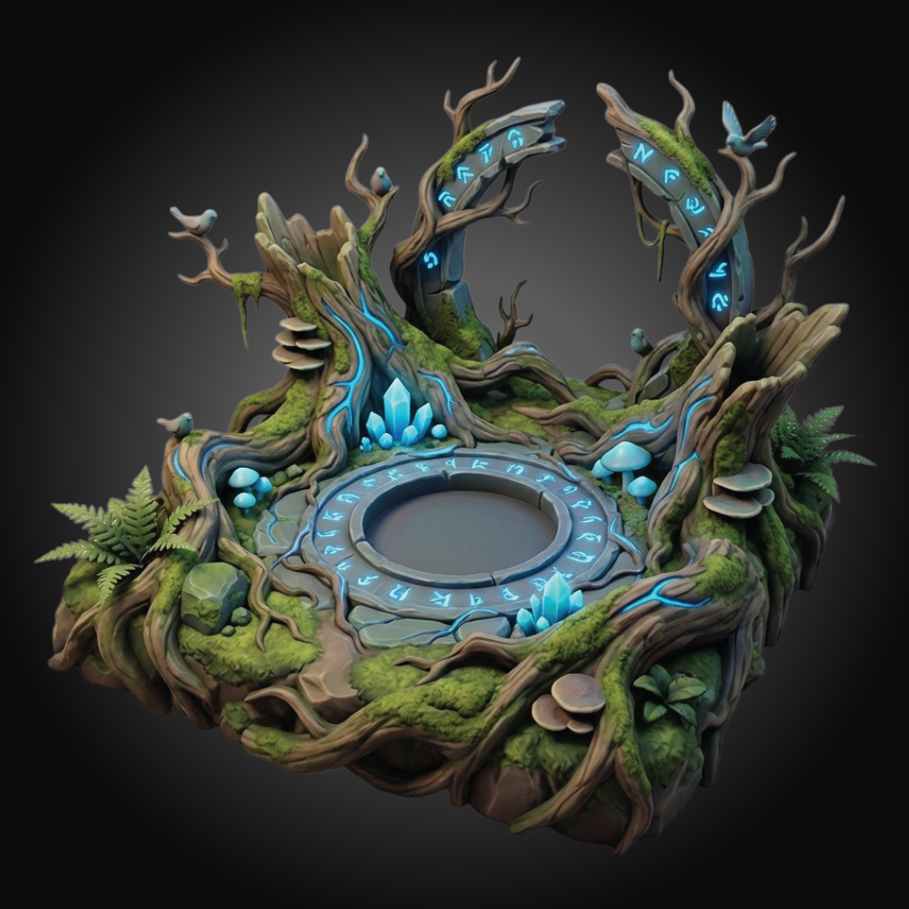 A fantasy-themed decorative sculpture or altar featuring mossy tree roots, glowing blue crystals, mushrooms, and a circular stone-like center with runes, shown on a dark gradient background.