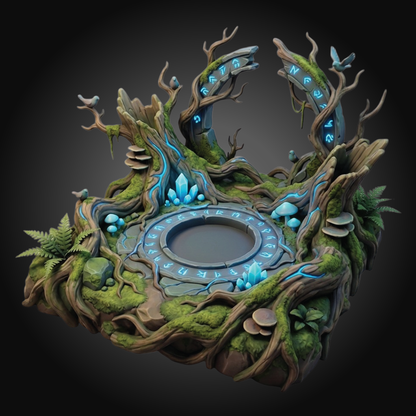 A fantasy-themed decorative sculpture or altar featuring mossy tree roots, glowing blue crystals, mushrooms, and a circular stone-like center with runes, shown on a dark gradient background.