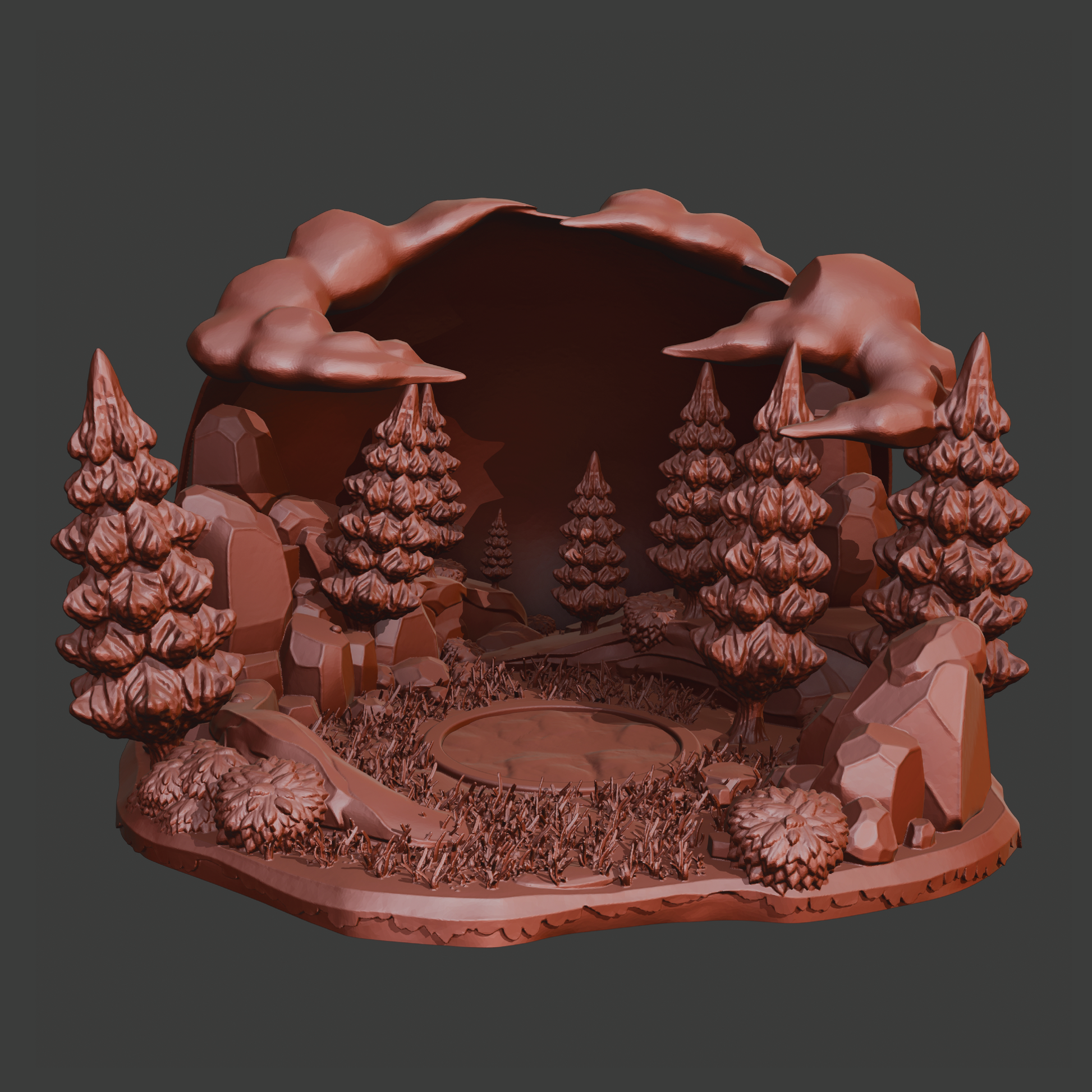 A 3D-rendered miniature landscape diorama in a uniform reddish-brown color, featuring pine trees, rocks, shrubs, a circular platform, and a cave-like opening with cloud-like forms against a dark gray background.
