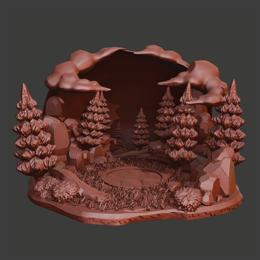 A 3D-rendered miniature landscape diorama in a uniform reddish-brown color, featuring pine trees, rocks, shrubs, a circular platform, and a cave-like opening with cloud-like forms against a dark gray background.
