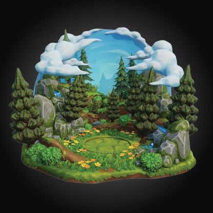 A miniature 3D diorama model of a forest landscape, featuring pine trees, rocks, a small pond, and a blue sky with clouds, displayed on a black background.