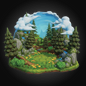 A miniature 3D diorama model of a forest landscape, featuring pine trees, rocks, a small pond, and a blue sky with clouds, displayed on a black background.