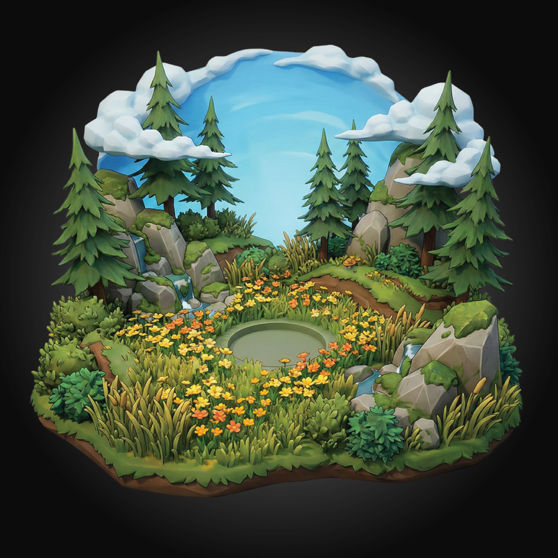 A stylized 3D-rendered miniature landscape scene on a black background, featuring pine trees, rocks, a blue sky, clouds, a small pond, and colorful wildflowers.