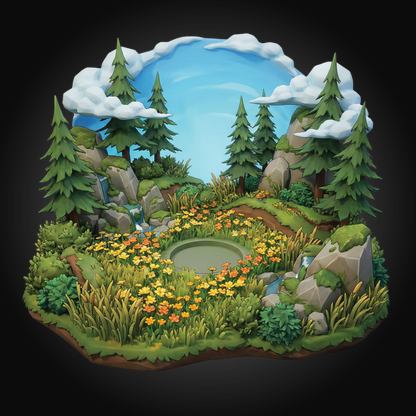 A stylized 3D-rendered miniature landscape scene on a black background, featuring pine trees, rocks, a blue sky, clouds, a small pond, and colorful wildflowers.