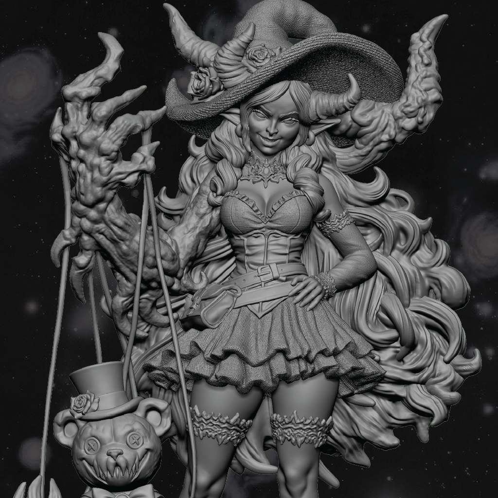 3D render of a demon witch burlesque style miniature with a nightmare teddy bear puppet and traveling suitcase