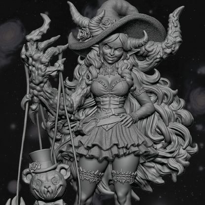 3D render of a demon witch burlesque style miniature with a nightmare teddy bear puppet and traveling suitcase