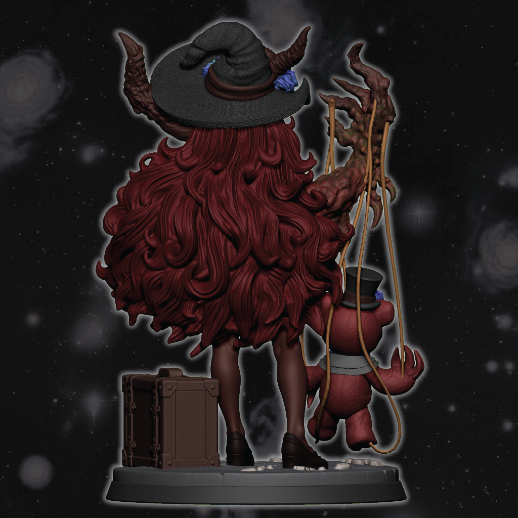 3D color render of a demon witch burlesque style miniature with a nightmare teddy bear puppet and traveling suitcase