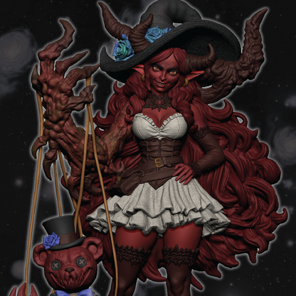 3D color render of a demon witch burlesque style miniature with a nightmare teddy bear puppet and traveling suitcase