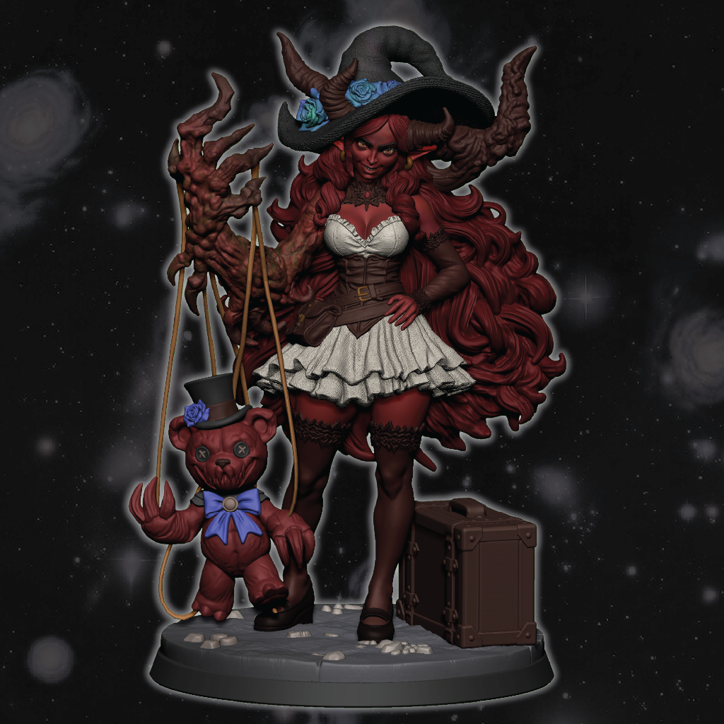 3D color render of a demon witch burlesque style miniature with a nightmare teddy bear puppet and traveling suitcase