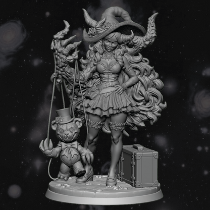 3D render of a demon witch burlesque style miniature with a nightmare teddy bear puppet and traveling suitcase