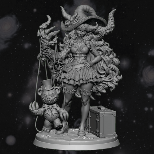 3D render of a demon witch burlesque style miniature with a nightmare teddy bear puppet and traveling suitcase