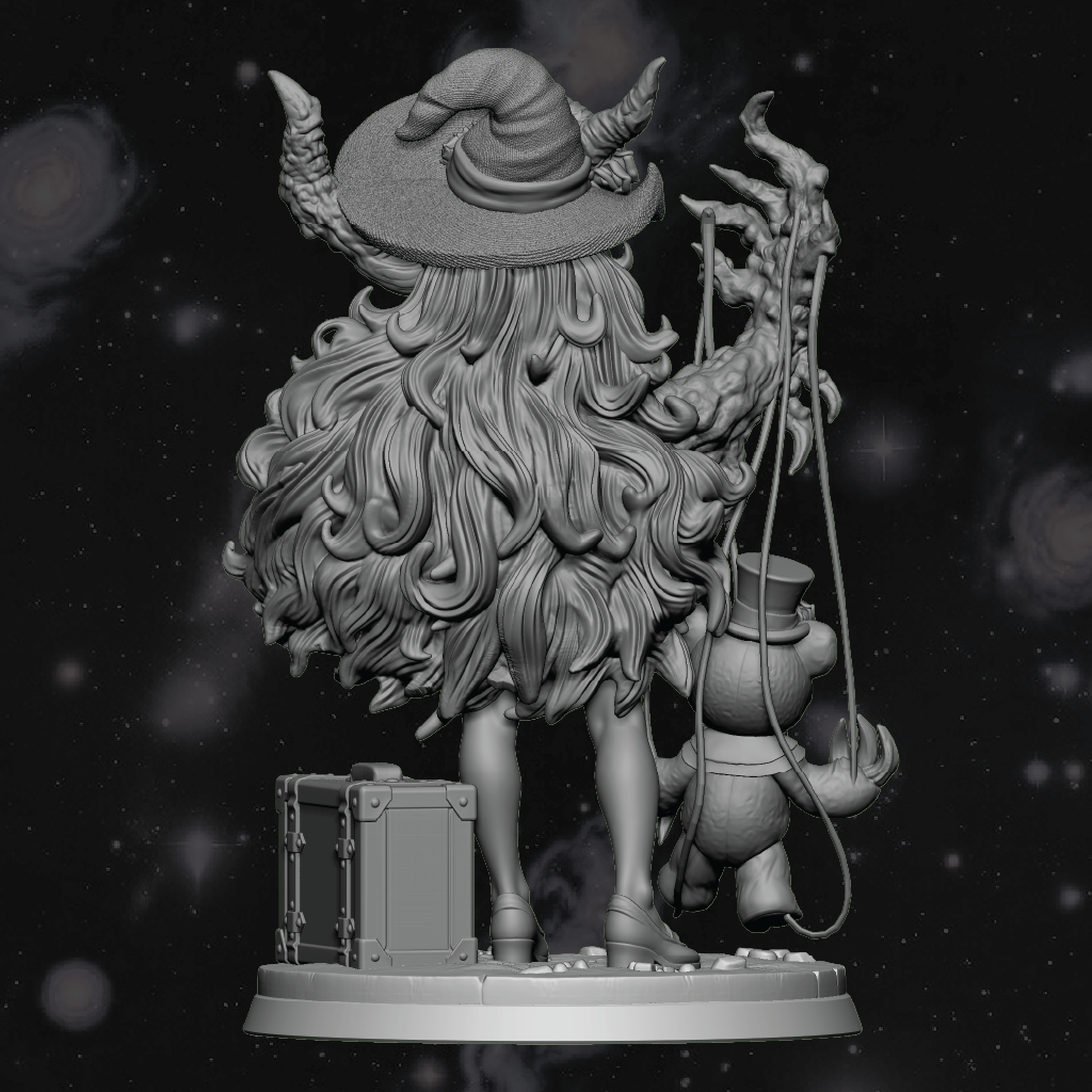 3D render of a demon witch burlesque style miniature with a nightmare teddy bear puppet and traveling suitcase