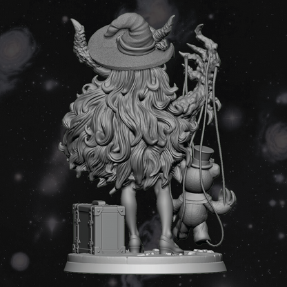 3D render of a demon witch burlesque style miniature with a nightmare teddy bear puppet and traveling suitcase