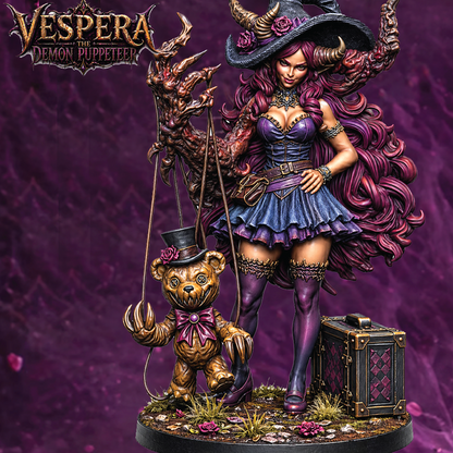 3D color render of a demon witch burlesque style miniature with a nightmare teddy bear puppet and traveling suitcase