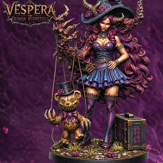 3D color render of a demon witch burlesque style miniature with a nightmare teddy bear puppet and traveling suitcase