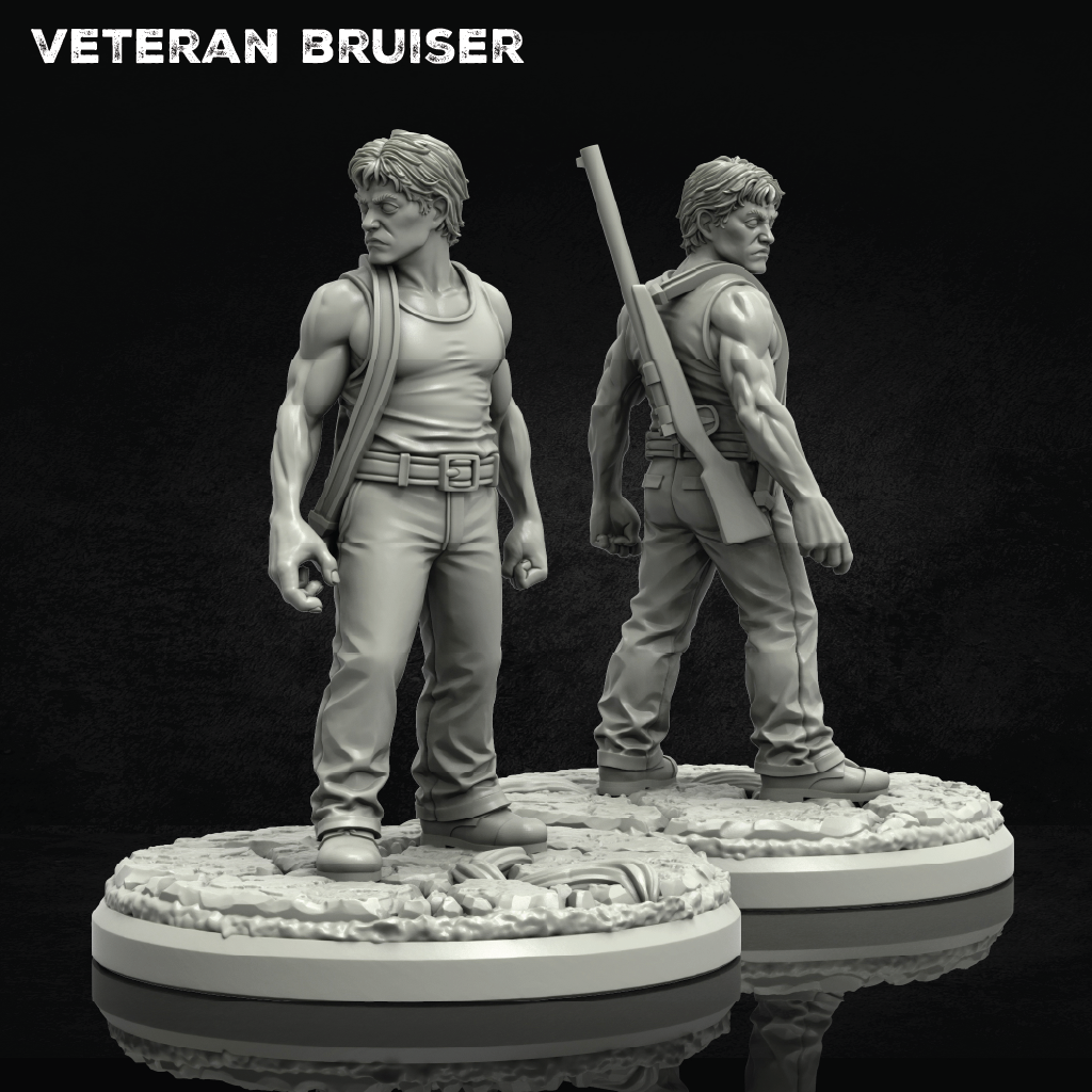 Two unpainted miniature figurines of a muscular man in a tank top and jeans, shown from front and back views on round textured bases against a black background. The text 'VETERAN BRUISER' is displayed at the top left.