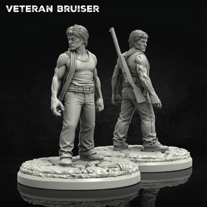 Two unpainted miniature figurines of a muscular man in a tank top and jeans, shown from front and back views on round textured bases against a black background. The text 'VETERAN BRUISER' is displayed at the top left.