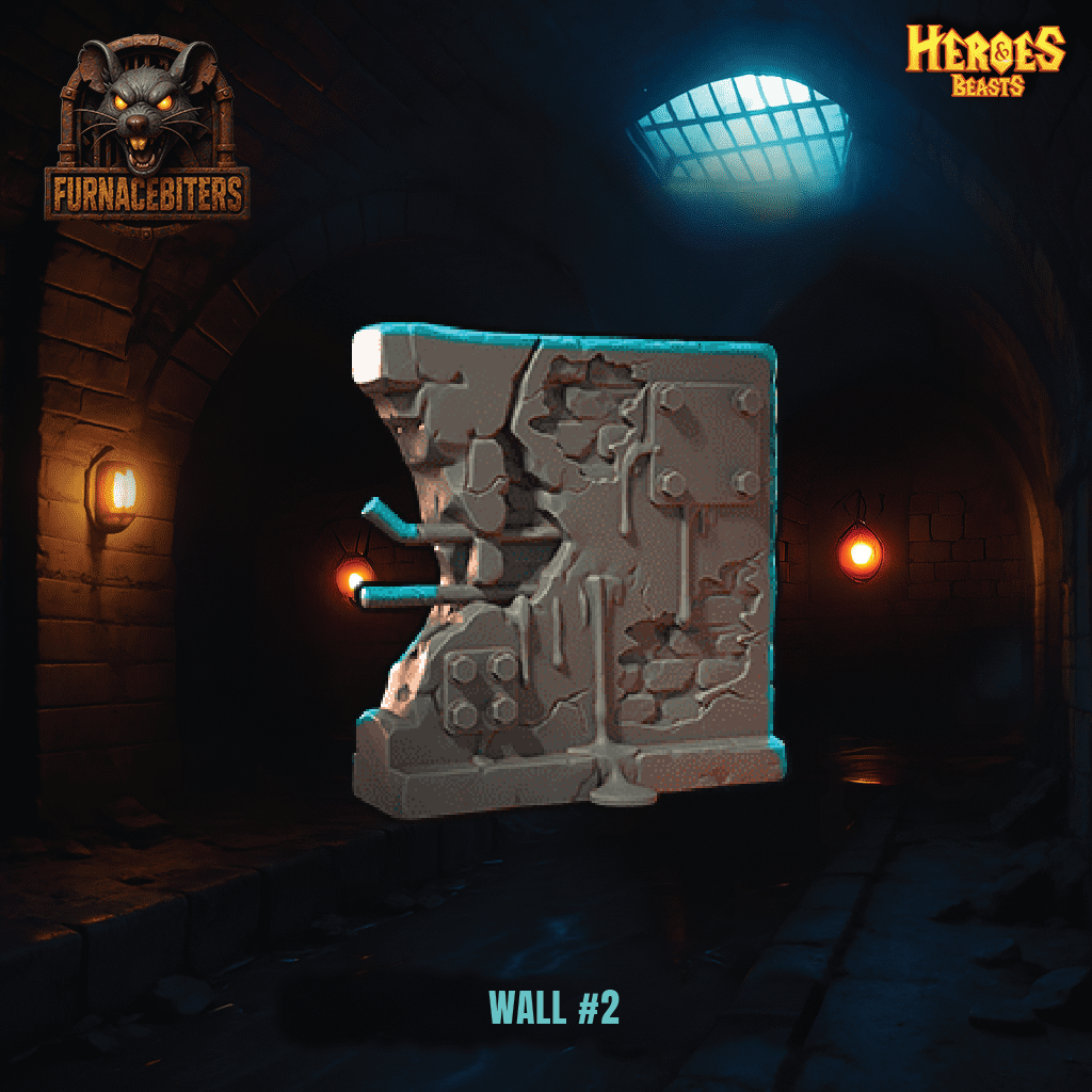 Game wall model with 'Furnace Bitters' logo and 'Heroes Beasts' branding in a dark, industrial setting.
