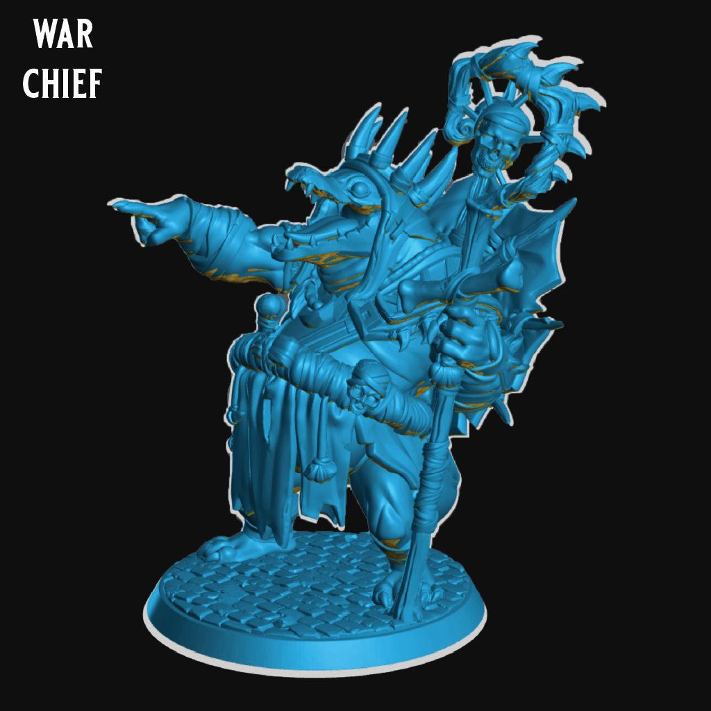 A blue 3D-rendered fantasy miniature figure labeled 'WAR CHIEF' on a black background. The figure is a warrior with a horned helmet, flowing robes, and a staff, shown as a clean product-style render.