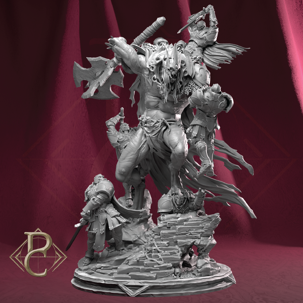 A monochrome unpainted fantasy battle figurine or miniature sculpture showing a central muscular warrior with a large axe, surrounded by smaller figures and debris on a circular base, photographed against a dark red draped backdrop.