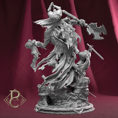 A monochrome fantasy miniature figurine of a warrior with an axe and shield, posed dynamically on a sculpted base against a draped burgundy backdrop. A gold 'BP' logo watermark appears in the lower-left corner.