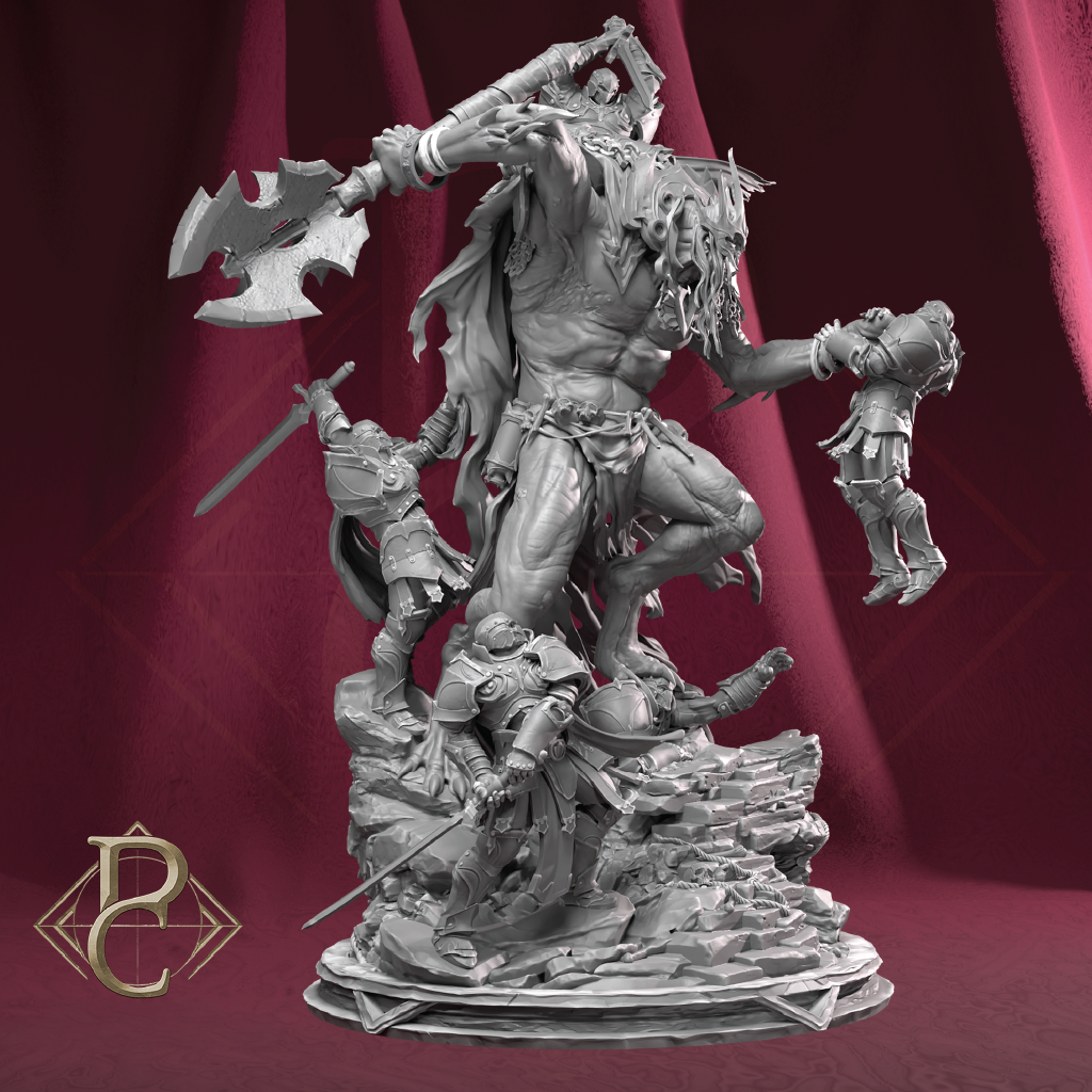 A monochrome gray fantasy battle figurine or miniature sculpture showing a muscular warrior holding a large double-headed axe, with several smaller armored figures around him, set against a dark red draped background. A stylized gold 'BP' logo appears in the lower-left corner.