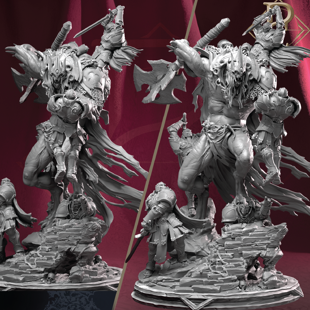 A set of unpainted gray 3D-printed miniature figurines of a monstrous warrior and smaller figures, displayed against a dark red draped background.