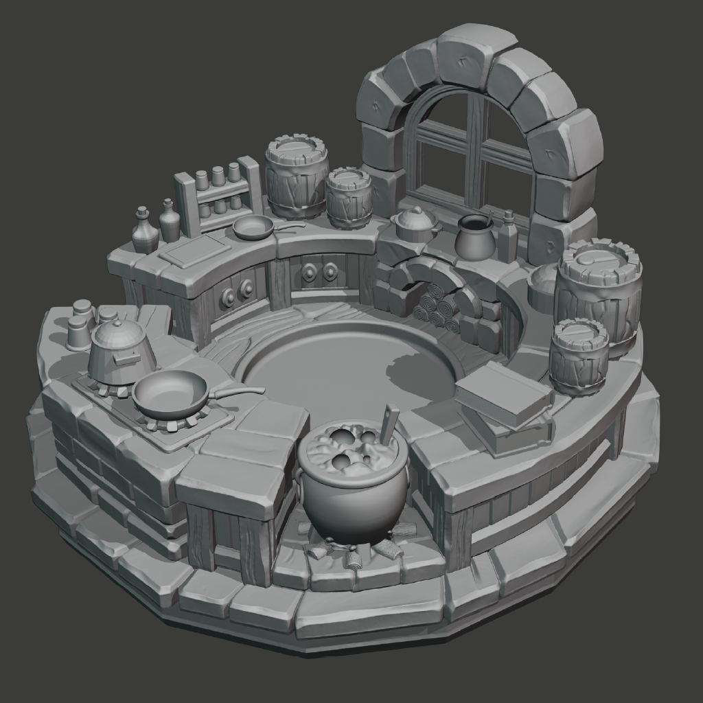 A gray 3D-rendered miniature terrain piece depicting a circular stone kitchen or alchemy workshop with cauldron, barrels, pots, stove elements, and an arched window, shown on a dark gray background.
