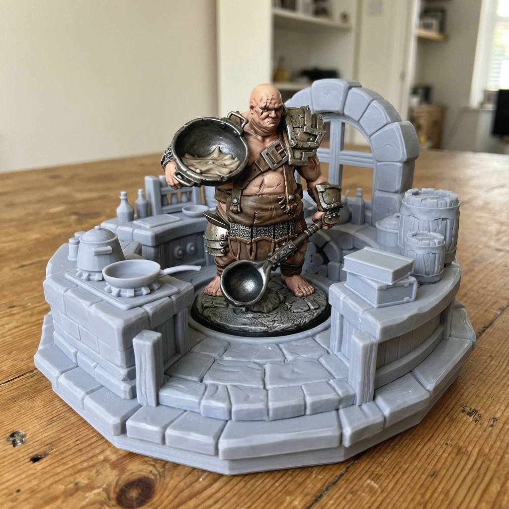 A painted tabletop miniature figurine of a muscular barefoot warrior holding a large metal cauldron, posed on a gray stone platform with barrels, crates, and architectural details, set on a wooden table.