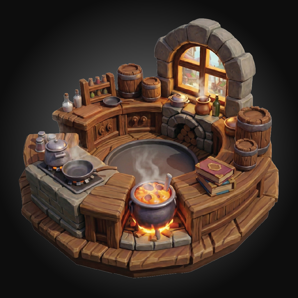 A fantasy-style round wooden and stone cooking platform with a cauldron over a fire, a large pot, barrels, bottles, books, and a stone arch window, shown on a dark gradient background.