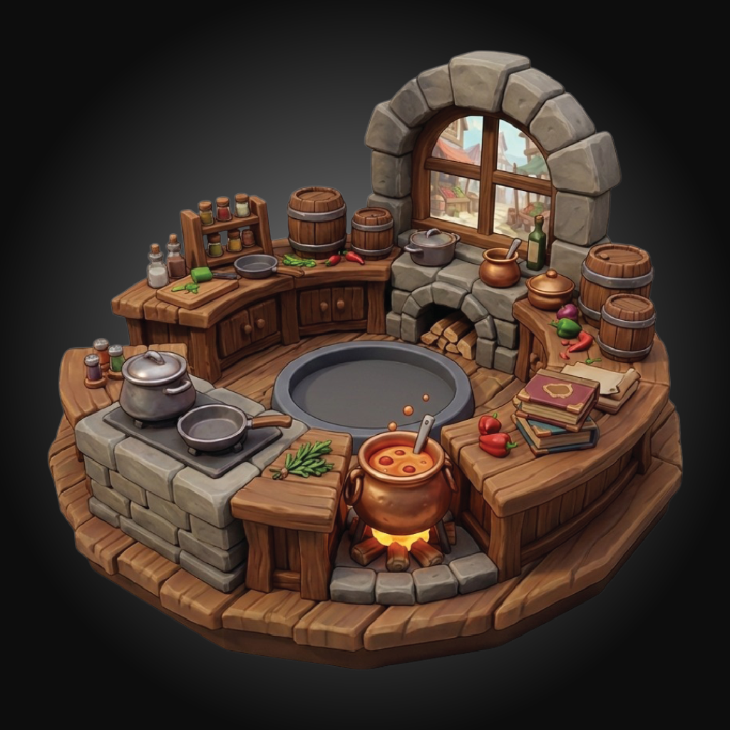 A fantasy-style round stone and wood kitchen island set with cooking pots, cauldron, barrels, shelves, books, and a stone window, shown isolated on a dark gradient background.