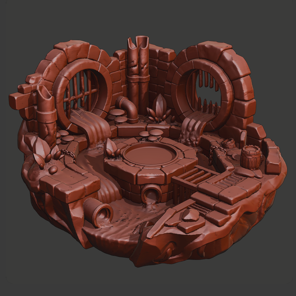 A 3D-rendered circular stone platform or miniature terrain piece in a uniform reddish-brown color, shown on a dark gray background. The design features circular arches, pipes, steps, and textured stone details.