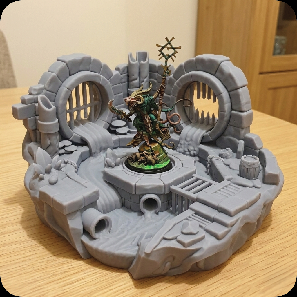 A gray tabletop gaming terrain piece shaped like ruined stone arches and platforms, with a small fantasy miniature standing on a green circular base in the center, photographed on a wooden table.
