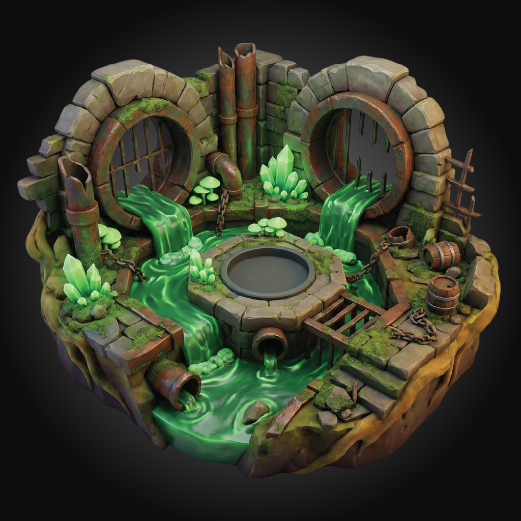 A fantasy miniature diorama of a green potion distillation workshop, featuring stone circular windows, glowing green crystal clusters, flowing green liquid, and rustic metal pipes, set against a dark gradient background.