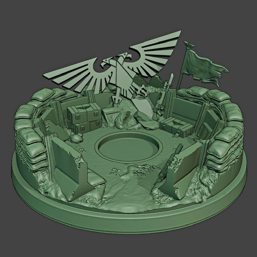 Green military-themed miniature setup with an eagle emblem on a gray background