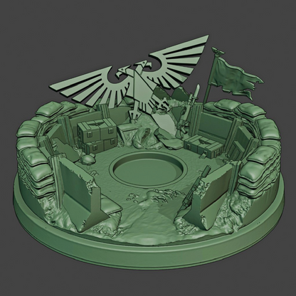 Green military-themed miniature setup with an eagle emblem on a gray background