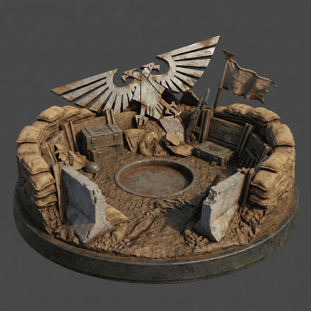 Model of a fort with an eagle emblem on a dark gray background