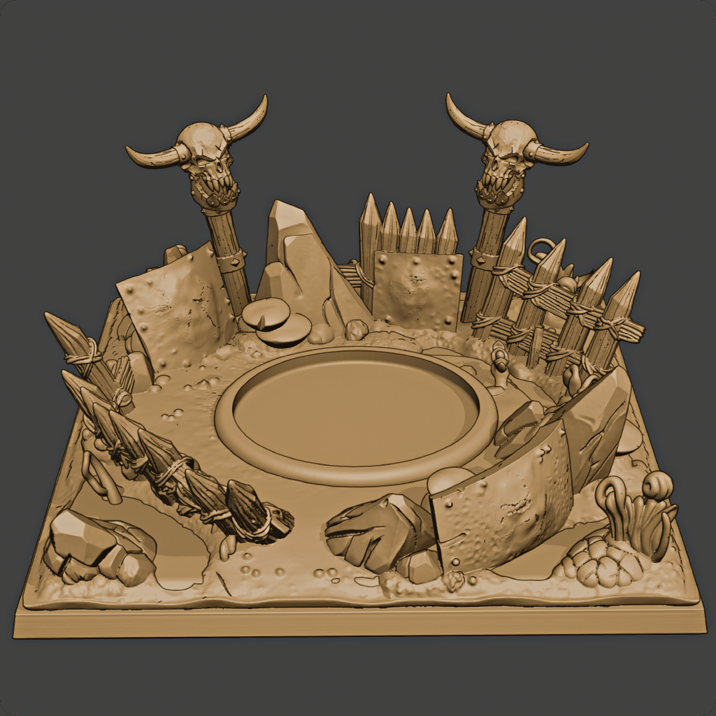 3D model of a fantasy scene with bulls, people, and a round table on a dark background